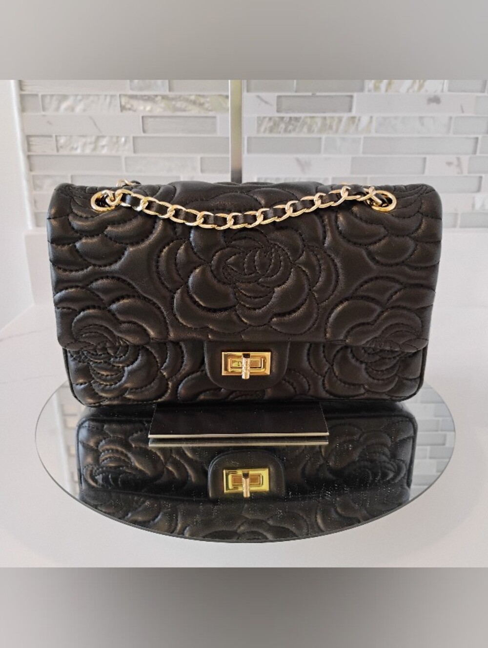 NEW Lambskin Leather Shoulder Bag - Black Quilted Floral w/ GHW